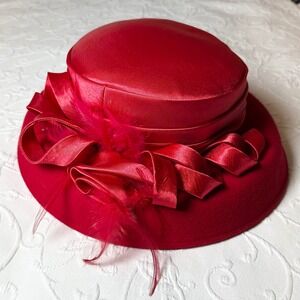 Vintage 90s Red Wool Satin Kentucky Derby Church Hat Satin Ribbon Feather Trim